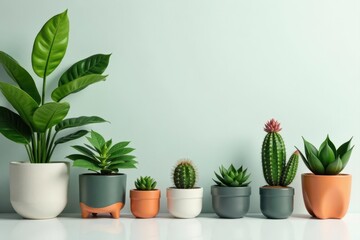 Obraz premium Stylish potted plants, various textures, clean backdrop, decorative, indoor plants