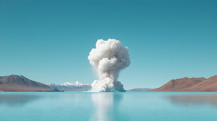 Fototapeta premium Large White Smoke Explosion Over a Calm Blue Lake and Mountains