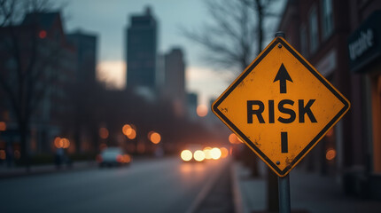 Road sign with 'risk' against stormy sky symbolizes danger ahead. 
