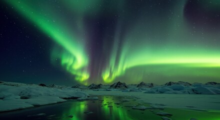 Naklejka premium Aurora borealis over a snowy landscape with water reflection at night.