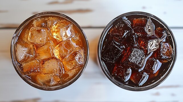 Iced drinks on white table, top view.  Possible use stock photo for beverage advertising