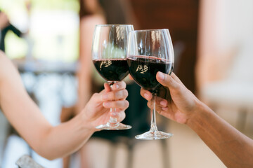 Family and friends raise their glasses to celebrate a joyful evening filled with laughter wine delicious food and the warmth of togetherness during a special festive gathering
