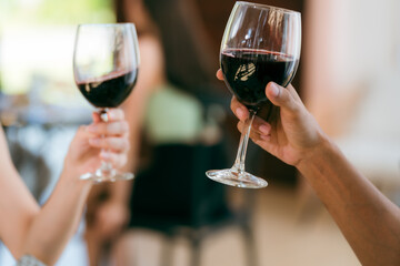 Family and friends raise their glasses to celebrate a joyful evening filled with laughter wine delicious food and the warmth of togetherness during a special festive gathering