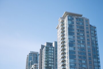 Naklejka premium cluster of modern minimalistic apartment buildings against clear blue sky
