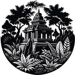 Obraz premium Black and White Silhouette of Ancient Temple in Lush Jungle Landscape Illustration