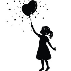 Silhouette of a Girl Releasing Heart Balloons with Confetti, Black and White Art
