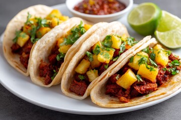 Delicious Al Pastor Tacos with Pineapple - Three mouthwatering al pastor tacos filled with marinated pork, grilled pineapple, and cilantro. Served on a white plate with lime wedges and salsa