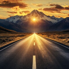 Scenic highway leading to majestic snow-capped mountain at sunrise