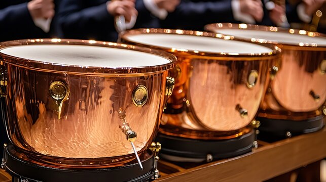 Three polished copper timpani drums in a row, ready for an orchestra performance.