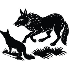 Black Silhouette of Coyotes in Grass: Wildlife Vector Illustration of Animals, Nature, and Graphic Design Elements
