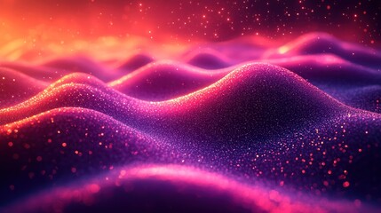 Abstract digital landscape of undulating hills, glowing particles in vibrant colors. Suitable for backgrounds, digital art, or graphic design