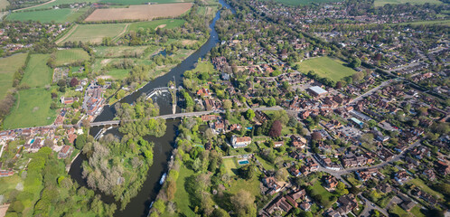 Beautiful England Village Goring and Streatley, small town next to River Thames. Spring time aerial...