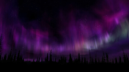 Naklejka premium Aurora borealis northern lights night sky stars trees landscape nature dark purple green scenic 100