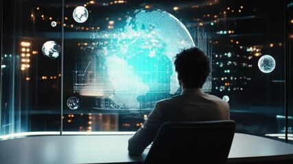 Businessman contemplating a holographic earth projection against the backdrop of a cityscape - Powered by Adobe