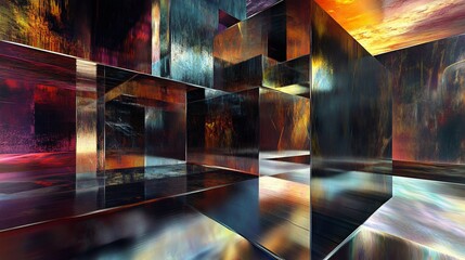 Abstract geometric space with complex reflections and vibrant colors