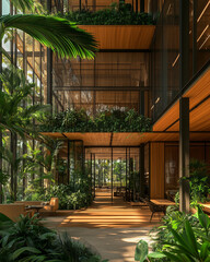 Contemporary office building with balcony gardens and natural wood textures
