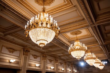 Obraz premium Elegant Crystal Chandeliers in Grand Ballroom - Stunning crystal chandeliers illuminate a grand ballroom with ornate gold detailing on the ceiling. Luxury and elegance