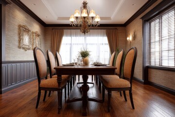 Fototapeta premium Elegant Formal Dining Room Interior Design - Luxury dining, sophisticated ambiance, classic decor, ornate chandelier, hardwood floors. Symbolizing wealth, refinement, hospitality, family gatherings