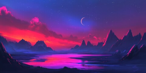 Vibrant Neon Landscape with Pink Sunset
