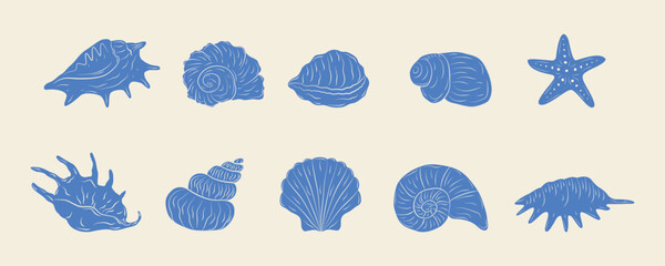 Set of hand-drawn seashells in monochrome blue ink. Tropical beach shells. Summer vacation design elements. Vector illustration.