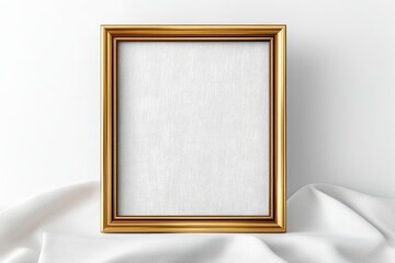 Elegant Gold Frame Mockup - A stylish gold picture frame on a white fabric background, perfect for showcasing your designs or artwork