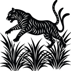 Black and White Tiger Illustration: Leaping Tiger in Grass, Vintage Style Animal Art, Wildlife Graphic Design, Bengal Tiger Image