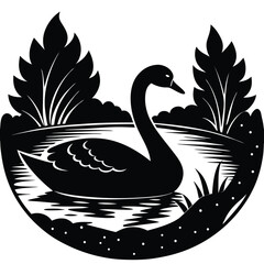 Black Swan Silhouette Illustration: Elegant Bird on Lake, Vintage Woodcut Style Nature Scene, Wildlife Graphic Design Element