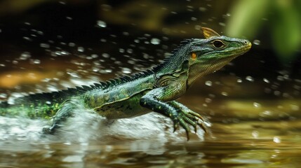 Obraz premium A green lizard running through shallow water with splashing effects
