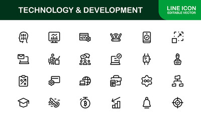 Modern Technology and Development Icon Set Vector Illustration. Featuring Essential Symbols for Coding, Apps, and Digital Innovations