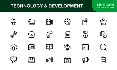 Modern Technology and Development Icon Set Vector Illustration. Featuring Essential Symbols for Coding, Apps, and Digital Innovations