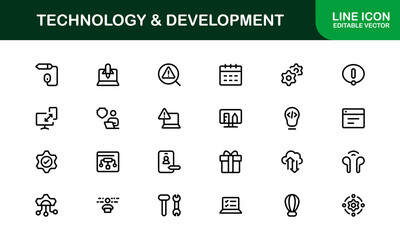 Modern Technology and Development Icon Set Vector Illustration. Featuring Essential Symbols for Coding, Apps, and Digital Innovations