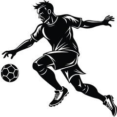 Naklejka premium Soccer Player Silhouette Vector: Action Shot of Athlete Dribbling Ball in Dynamic Black and White Illustration for Sports Design
