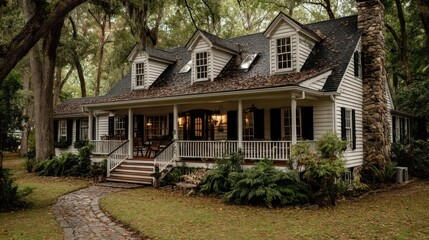 Colonial style house in a lush forest