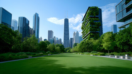 Naklejka premium Green City Park with Modern Skyscrapers