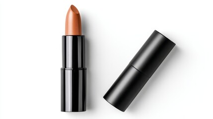 Obraz premium Elegant Nude Lipstick and Case - A single tube of nude lipstick with its matching black case, isolated on a white background. Perfect for beauty, fashion, and cosmetic product shots