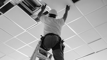 Worker Installing Ceiling Tiles