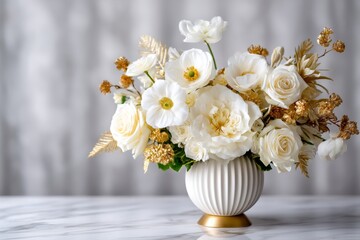 Elegant White and Gold Floral Arrangement - A luxurious bouquet of white roses, anemones, and other blossoms, accented with gold elements