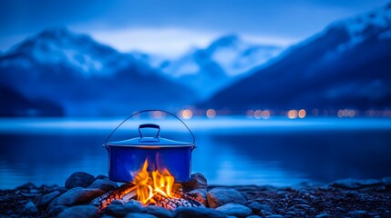 A blue cooking pot sits above a campfire near a lake