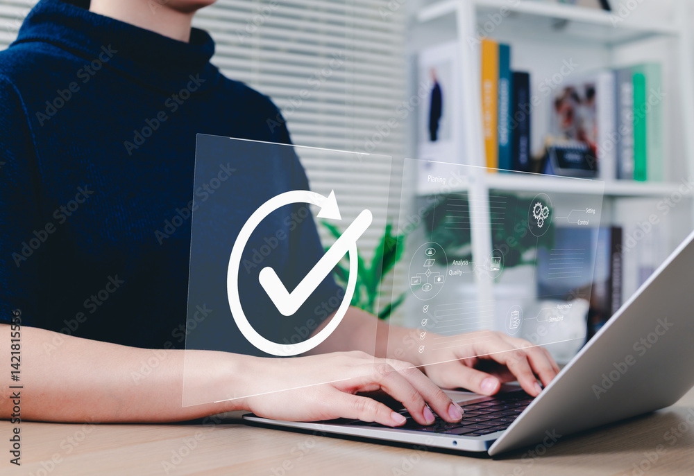 Poster Quality assurance and certification process. Woman working on laptop with virtual check mark and diagrams related to quality assurance, planning, control, and compliance in certification workflow.