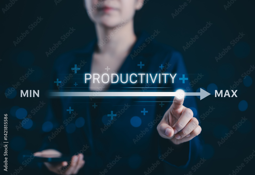 Aufkleber Productivity and efficiency concept. Businesswoman adjusting virtual slider from min to max, process to increase productivity and efficient. Progress bar and optimization in business operations. Value