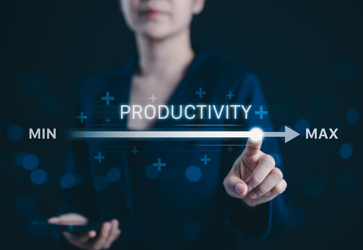 Productivity and efficiency concept. Businesswoman adjusting virtual slider from min to max, process to increase productivity and efficient. Progress bar and optimization in business operations. Value
