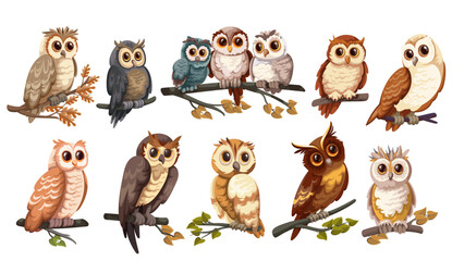 Cute cartoon different owls perching set. Funny owls of various types perched on tree branches with autumn or summer leaves. Nature, animal mascot, cartoon wild owls collection vector illustration