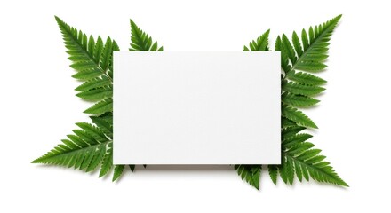 White card surrounded by green fern leaves on a white background.