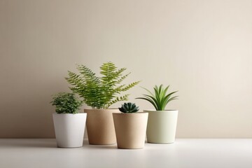 minimalistic arrangement of potted indoor plants against neutral wall