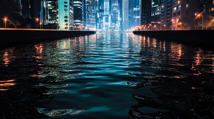 Fototapeta premium Night cityscape reflection on water urban skyline city lights skyscrapers modern architecture scene 100