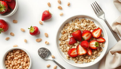 Breakfast with muesli, strawberry salad, fresh fruit, nuts on white background. Healthy food concept. Flat lay, top view, blurry foreground. White tone