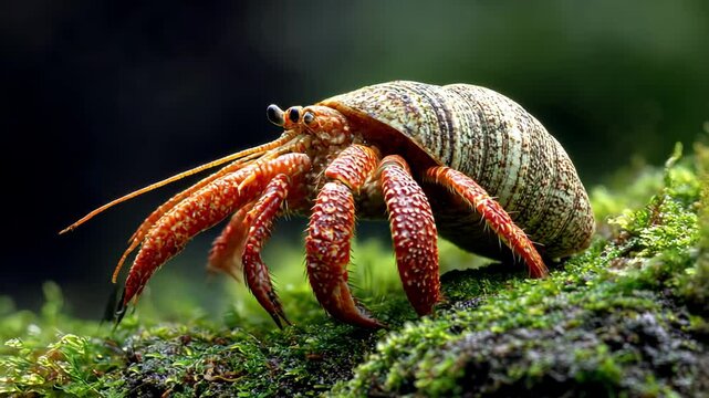 A detailed close-up of a hermit crab on green moss.