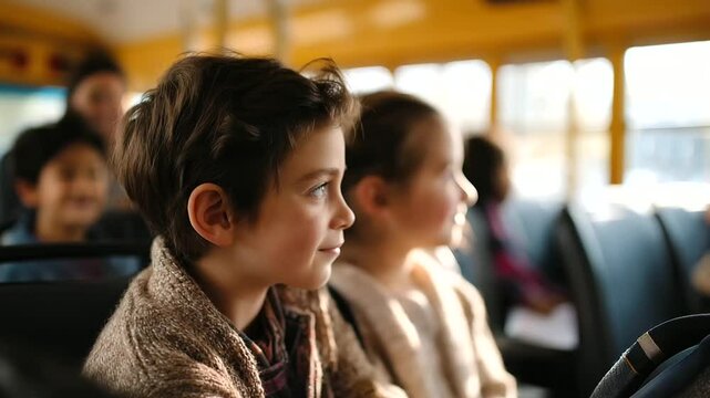 Kids enjoying a sunny morning ride, sharing laughter and stories on a school bus.