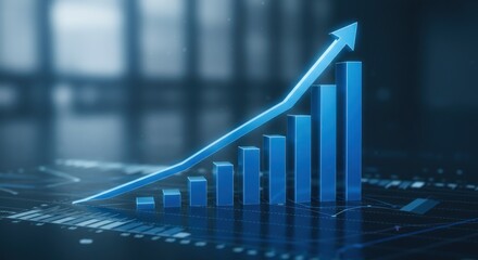 Blue bar graph with upward arrow indicating growth on a dark background.