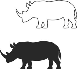 Rhinoceros Animal Icon Set – Silhouette and Outline Vector of Rhino Side View on White Background
